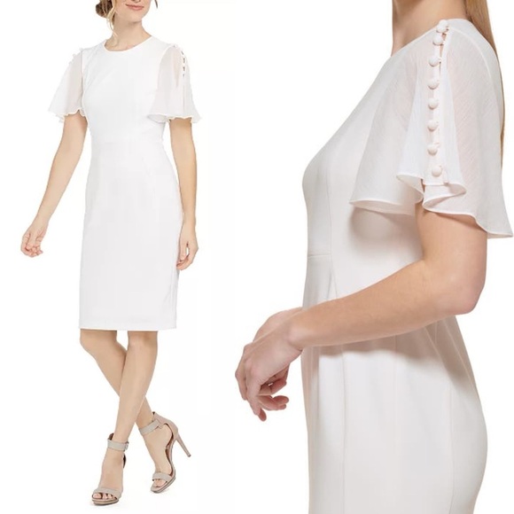 Calvin Klein White Chiffon-Sleeve Sheath Dress - Picture 2 of 7